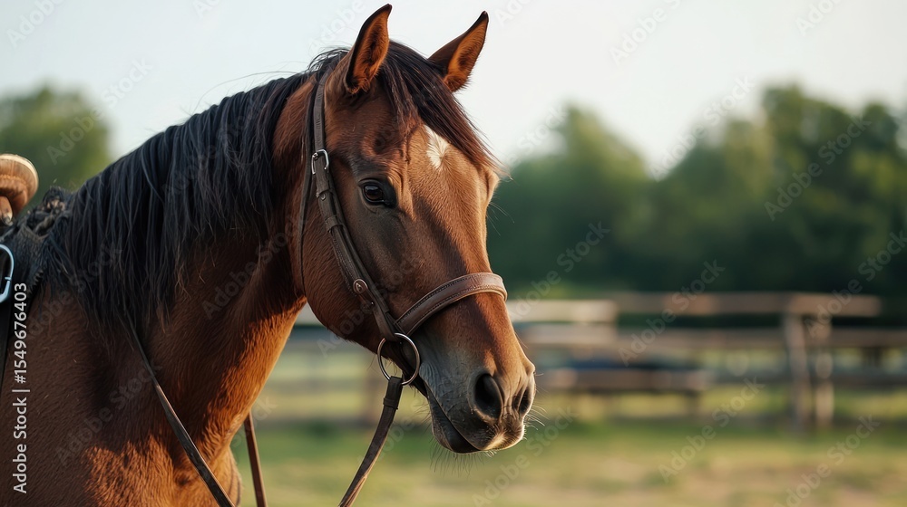 Fototapeta premium A brown horse with a saddle on its back, standing in a field with trees in the background.