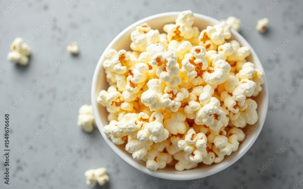 On a gray background there is a bowl of popcorn. free space for text On a gray background there is a bowl of popcorn. free space for text