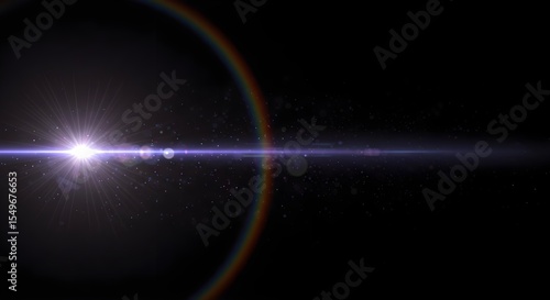 Lens flare, Light effect, Light leak, Bright Lens Flare with Rainbow and Dust Particles on Black Background