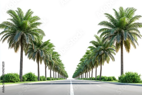 Highway Lined with Palm Trees Isolated on White Background, Depth of Field