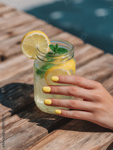 Bright Yellow Summer Nails Holding Lemonade Jar by Poolside