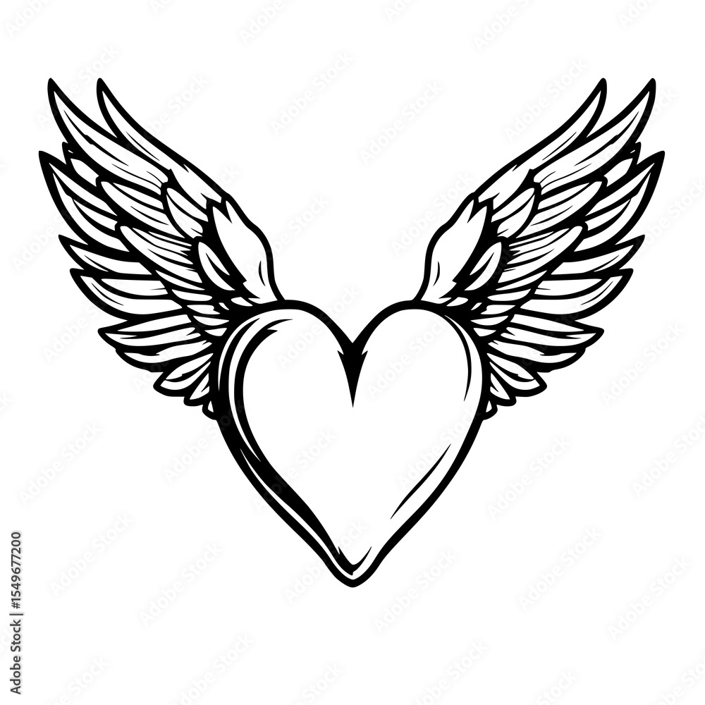 Obraz premium Heart with Wings: A Vintage Line Art Illustration of a heart with majestic wings, rendered in a bold monochrome style, perfect for design projects.