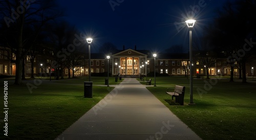 College campus, University campus, Campus, Illuminated College Campus at Night
