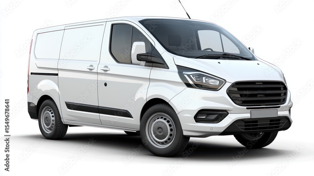 A white van with black accents parked on a white background. A white van with black accents parked on a white background.