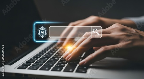 Photo of a person types on a laptop keyboard with a glowing ai search bar appearing above