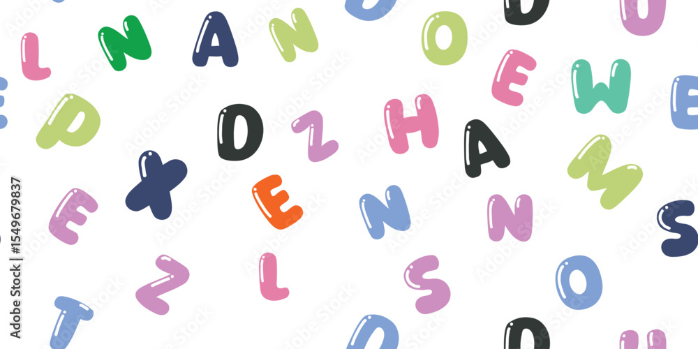 Colorful hand-drawn alphabet letters in playful random arrangement. Fun and creative seamless pattern perfect for kids' products, learning materials, and educational designs. Modern vector style. Colorful hand-drawn alphabet letters in playful random arrangement. Fun and creative seamless pattern perfect for kids' products, learning materials, and educational designs. Modern vector style.