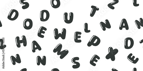 Colorful hand-drawn alphabet letters in playful random arrangement. Fun and creative seamless pattern perfect for kids' products, learning materials, and educational designs. Modern vector style.