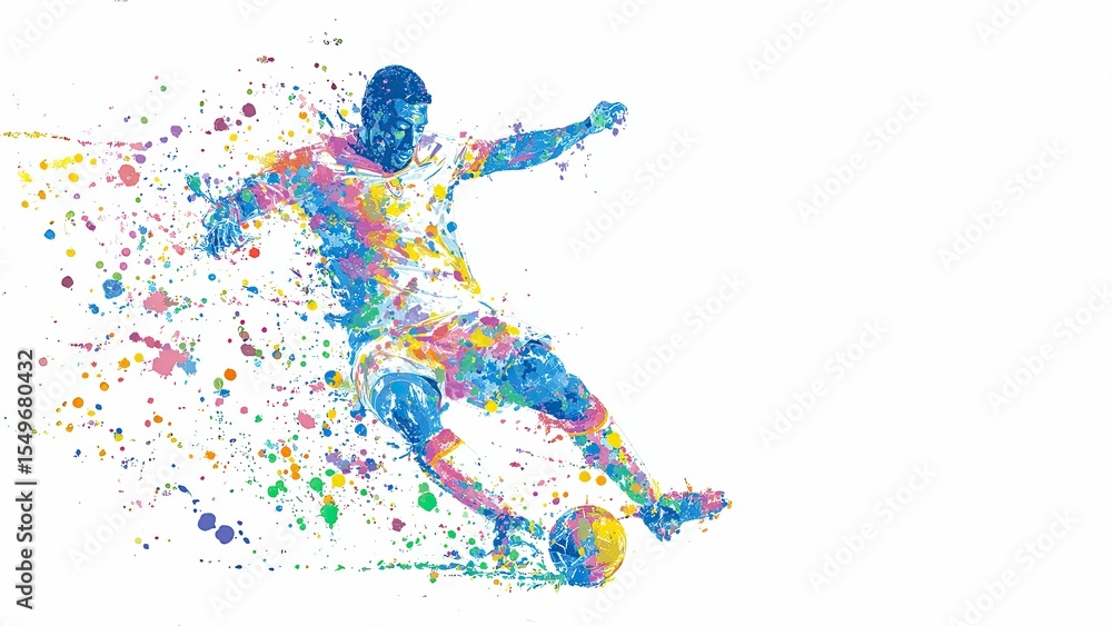 Fototapeta premium A soccer player sprints with the ball in this lively watercolor painting, set against a clean white background with colorful bursts.