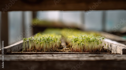 Artistic top-down shot of a row of radish sprouts in a wooden tray against a softly blurred greenhouse bench background