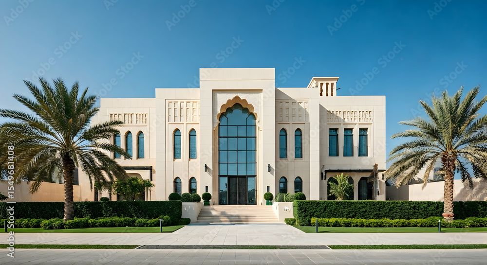 Obraz premium Grand Beige Villa with Palm Trees and Lush Landscaping