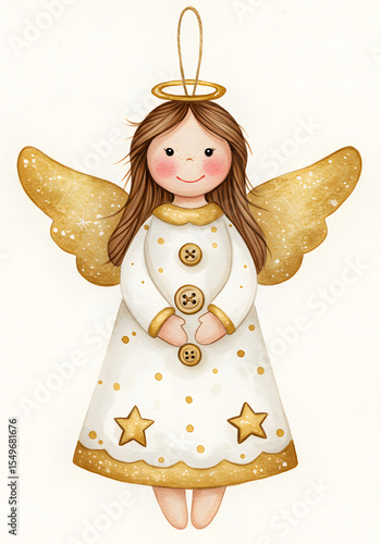 Watercolor Christmas Angel Ornament – Cute Golden Winged Girl with Halo, Festive Holiday Decoration Clipart
