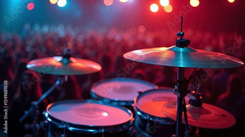 A vibrant jazz drum set surrounded by floating musical notes, set against a neon-lit jazz club, drum kit on a dark music stage in the light of red spotlights.
