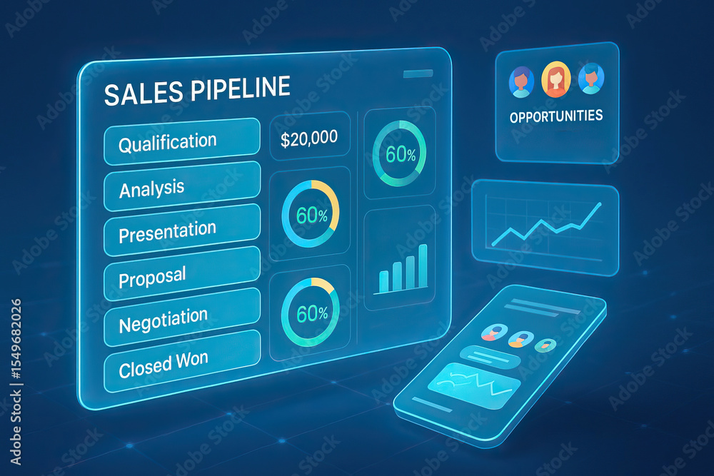 Fototapeta premium Sales pipeline dashboard qualification analysis presentation proposal negotiation closed won opportunity progress data visualization digital interface business technology