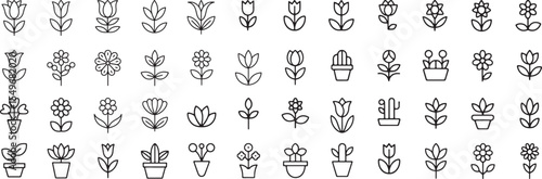 Minimal flower icon set in black and white line style. linear flowers icon pack.