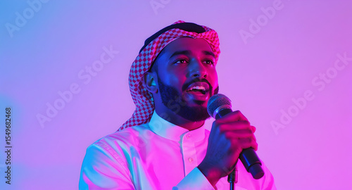 Man in Traditional Clothing Singing into Microphone under Neon Lights