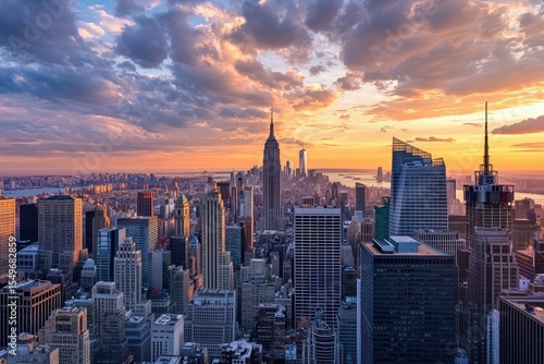 Fototapeta Naklejka Na Ścianę i Meble -  Panoramic city skyline at sunset.  Vast cityscape, vibrant colors, dramatic clouds