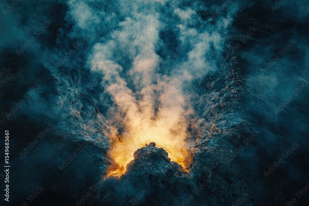 A dramatic aerial view of a volcanic eruption, showcasing fiery lava and billowing smoke. A dramatic aerial view of a volcanic eruption, showcasing fiery lava and billowing smoke.