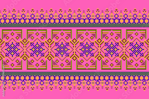 Geometric pixelated Arabic patterns on the fabric reflect the ornate and ethnicity,grid floral,grid colourful, backgrounds, seamless grid design for carpet,textile,textured,wallpaper,print,decorate