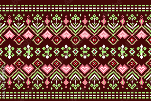 Geometric pixelated Arabic patterns on the fabric reflect the ornate and ethnicity,grid floral,grid colourful, backgrounds, seamless grid design for carpet,textile,textured,wallpaper,print,decorate