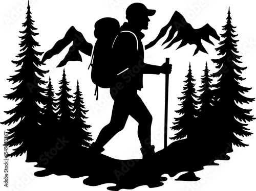 Lone Hiker in Mountain Forest Landscape Silhouette vector