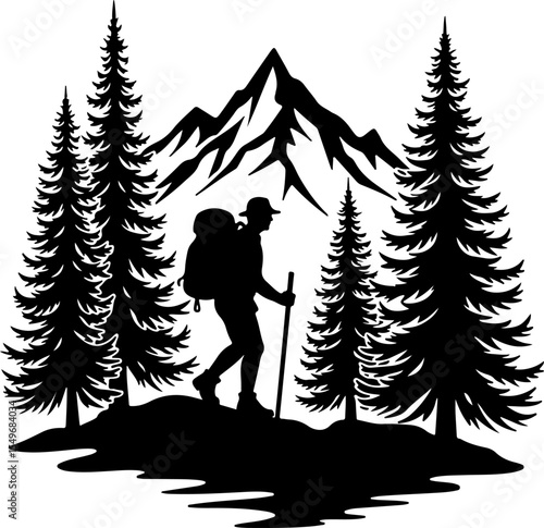 Lone Hiker in Mountain Forest Landscape Silhouette vector