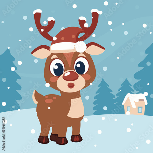 A cheerful cartoon reindeer wearing a red Christmas hat stands on a snowy landscape, surrounded by stylized winter trees.