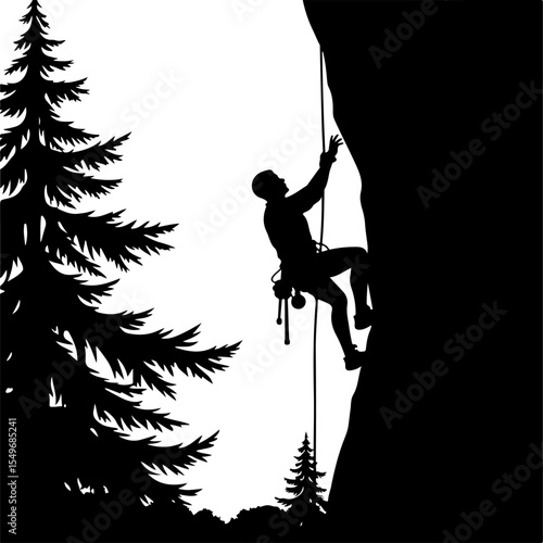 Lone Hiker in Mountain Forest Landscape Silhouette vector