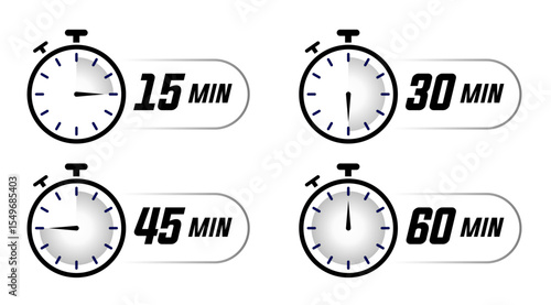 Set of stopwatch icons showing time intervals from 15 to 60. Minimal design with partial fill indicating time. Perfect for timers, fitness apps, and countdown graphics. Stopwatch, icons, vector