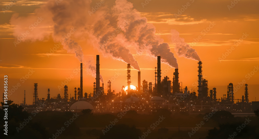 Silhouette of Industrial Refinery at Sunset with Smoky Stacks Silhouette of Industrial Refinery at Sunset with Smoky Stacks