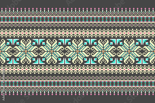 Geometric pixelated Arabic patterns on the fabric reflect the ornate and ethnicity,grid floral,grid colourful, backgrounds, seamless grid design for carpet,textile,textured,wallpaper,print,decorate