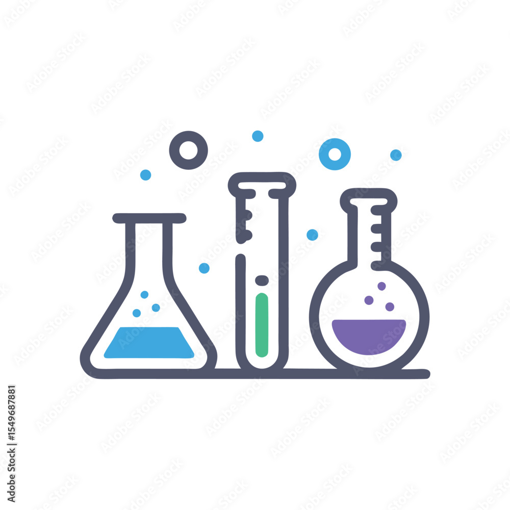 Science Lab Equipment Illustration Blue Purple Green Conical Flask Erlenmeyer Flask Test Tube Bubbles Experiment Science Lab Equipment Illustration Blue Purple Green Conical Flask Erlenmeyer Flask Test Tube Bubbles Experiment