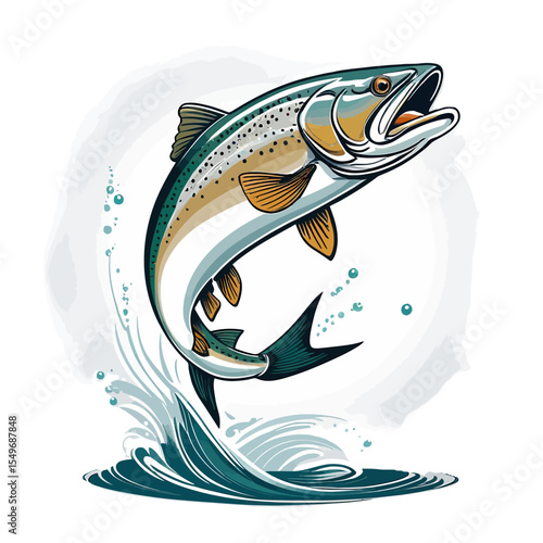 Vibrant illustration of a salmon leaping from water splashing isolated on white background isolated on transparent background