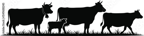 Silhouette vector illustration of cows and a calf standing on grass in a natural farm environment