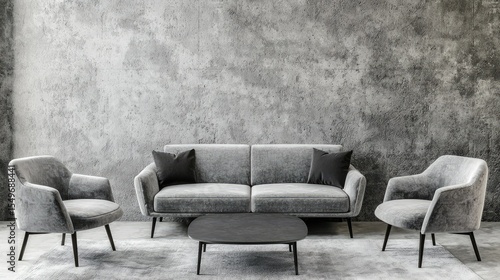 Gray velvet furniture set in a modern concrete room.