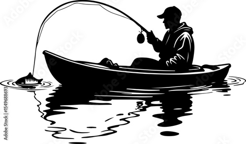 Fishing Man Catching Jumping Fish Silhouette vector design
