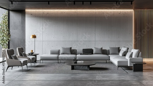 Modern living room with a sectional sofa and armchairs.