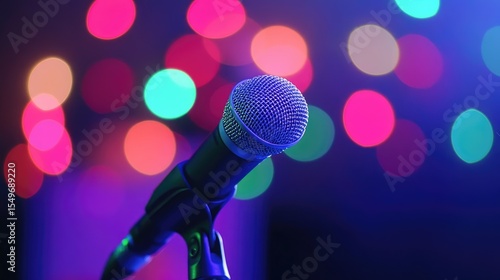 Microphone on a stand against a backdrop of colorful lights.