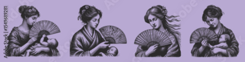 Halftone Stipple Vector Design of Mother Holding Hand Fan in Black Color – Dotted Style Woman Portrait Illustration Bundle for Vintage, Pop Art, Poster, T-Shirt, and Retro Projects