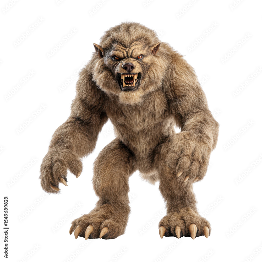 Fototapeta premium Fierce and Muscular Werewolf Creature with Intimidating Expression and Detailed Fur Texture in a Wild Setting Transparent background or PNG