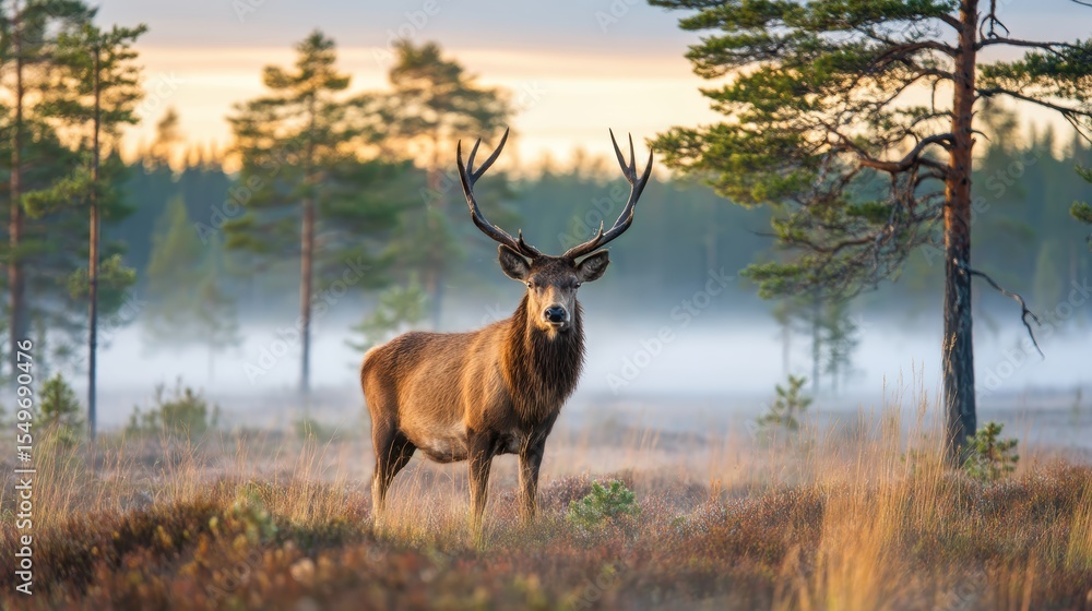 Fototapeta premium Majestic elk standing in a misty pine forest at dawn, softly blurred background under golden light