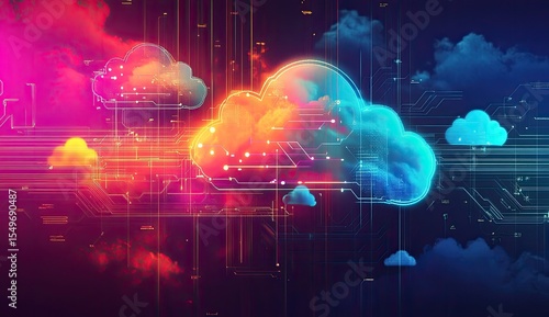 Abstract cloud computing graphic. Colorful interconnected clouds on a circuit board-like background