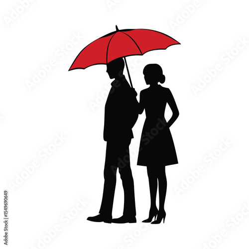 Silhouette of a couple under a red umbrella isolated on white background in a minimalist style.