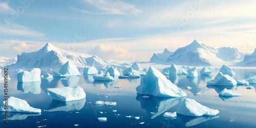 Beautiful vector illustration of floating icebergs, glaciers, and ice mountains in a serene arctic sea,  pristine,  serene