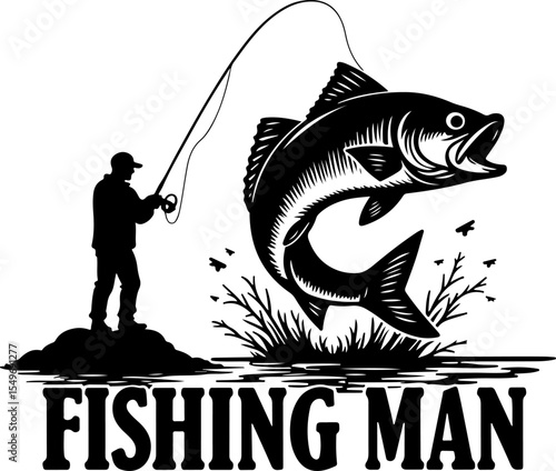 Fishing Man Catching Jumping Fish Silhouette vector design