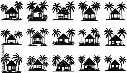 Collection of Tropical Beach Huts and Palm Trees Silhouettes, Perfect for Vacation Destinations, Island Getaways, Summer Resorts, and Exotic Travel Designs