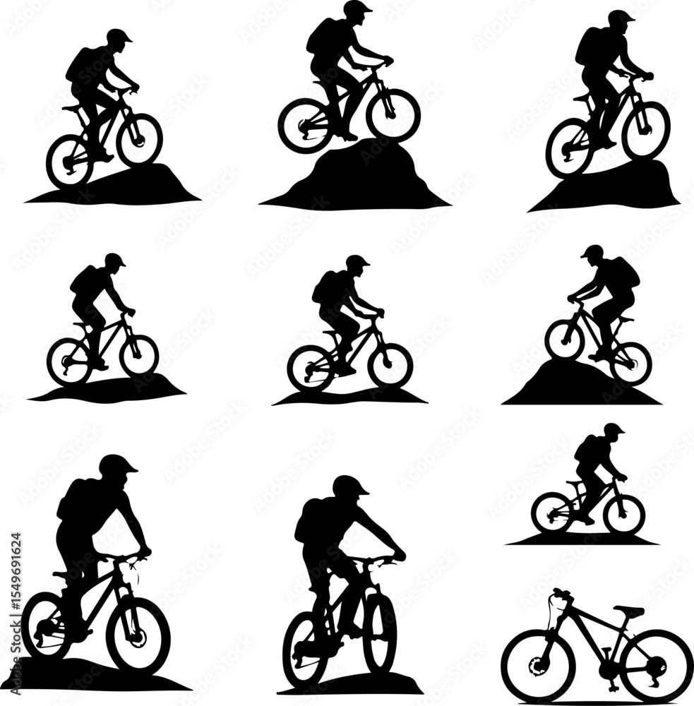 Fototapeta premium Mountain Bikers Riding Silhouettes Set vector bundle