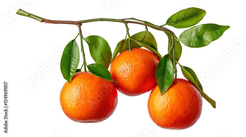Ripe clementines hanging on tree branch image isolated transparent. Ripe mandarin oranges cut out photo png. Vitamin C citrus reticulata tangerina fruit cutout element object photography