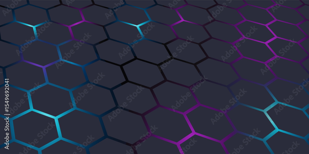 Fototapeta premium Dark gray 3D hexagonal technology vector abstract background. Blue and pink energy flashes under hexagon in modern technology futuristic background vector illustration. Grey honeycomb texture grid.