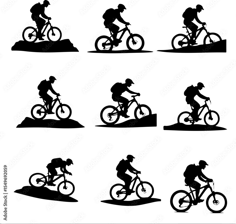 Obraz premium Mountain Bikers Riding Silhouettes Set vector bundle