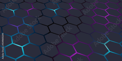 Dark gray 3D hexagonal technology vector abstract background. Blue and pink energy flashes under hexagon in modern technology futuristic background vector illustration. Grey honeycomb texture grid.